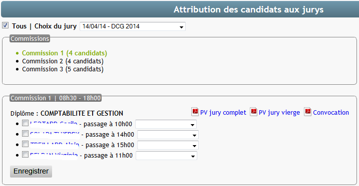 liste des attributions de candidats à un jury par lot