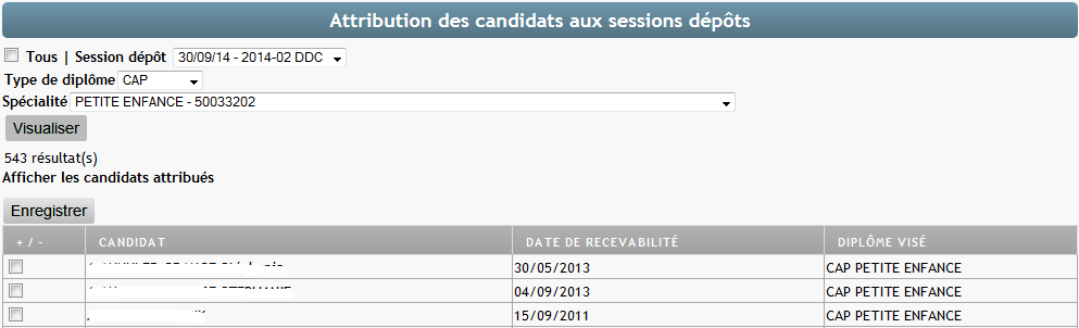 liste des attribution de session par lot